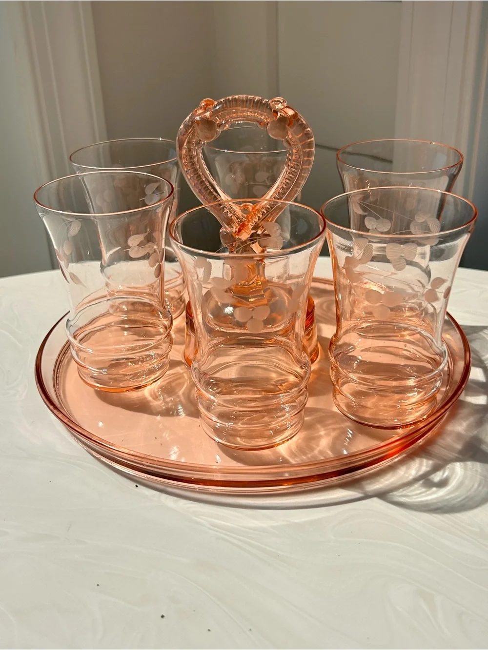 Anchor Hocking Mayfair Bridge Poker tray Tumbler set 1930s pink depression glass